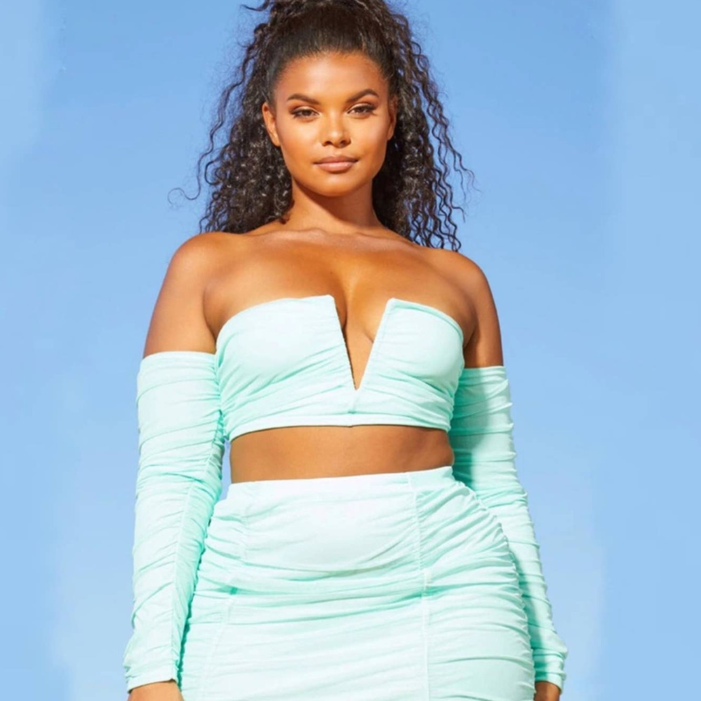 Pretty Little Thing Bardot Mesh Crop Top Blue Size 12